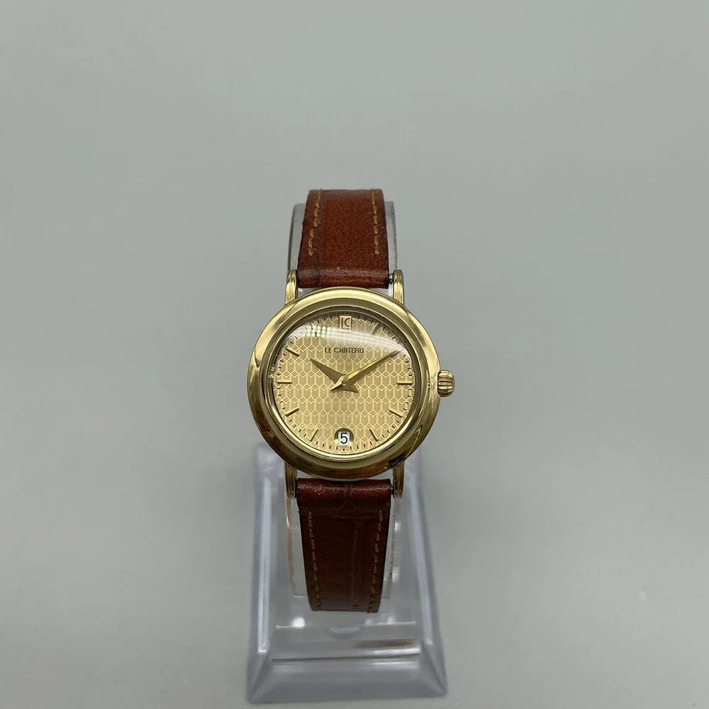 Le Chateau 2201L Womens Watch 24mm Gold Tone Brown Leather Date New Battery